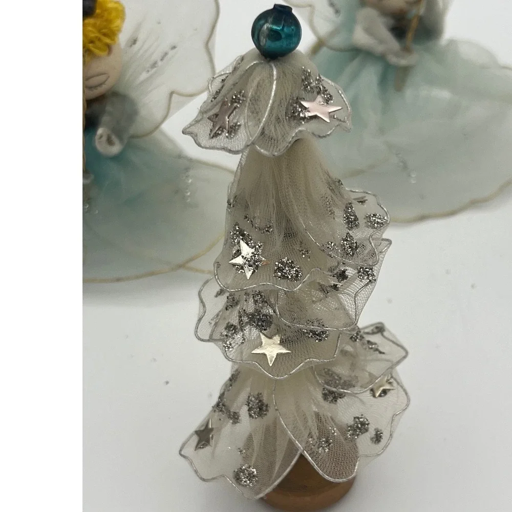 Vtg Tulle Christmas Tree 3 Angels 50/60s MCM Glitter White Tulle Retro Kitsch